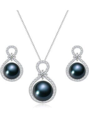 Elegant Pearl Necklace & Earring Set - Blue, Black, Gold, White, Purple Options